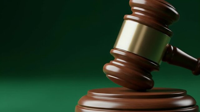 Close up of a wooden judges gavel on a green background.