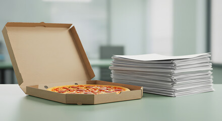 Pizza in open box beside stack of documents on office desk