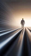 Silhouette of man walking through tunnel with linear lights and glowing background, abstract concept of journey, determination, and future vision, strong visual copy space.