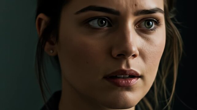 Close up of a young womans face with intense green eyes and a serious expression.