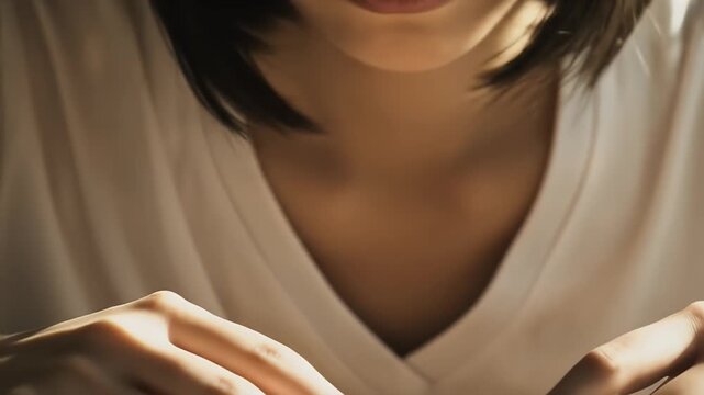 Close up of a young woman with eyes closed in contemplation.