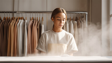 Young woman in modern boutique adjusting clothes on rack with steam rising, symbolizing fashion retail, service, presentation and stylish atmosphere of contemporary clothing industry.