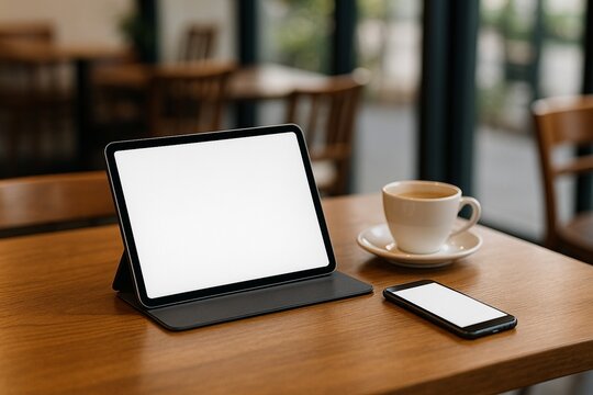 Tablet and smartphone with coffee on cafe table for remote work