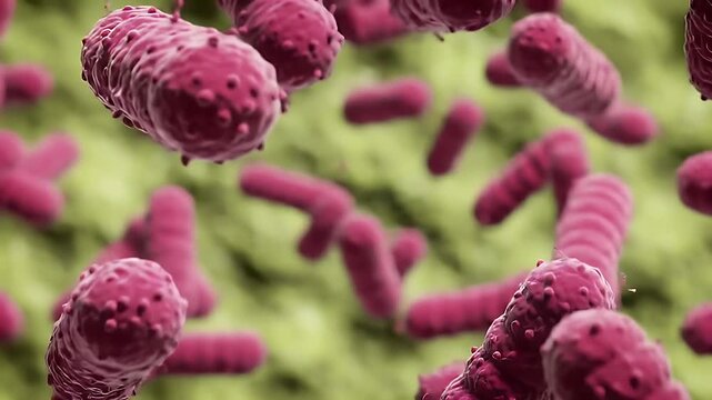 Close Up Pink Bacteria Cells on a Blurred Green Background