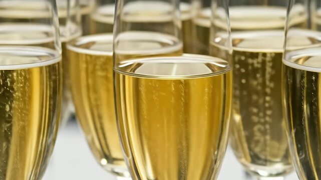 Close up of champagne glasses filled with bubbly golden liquid.