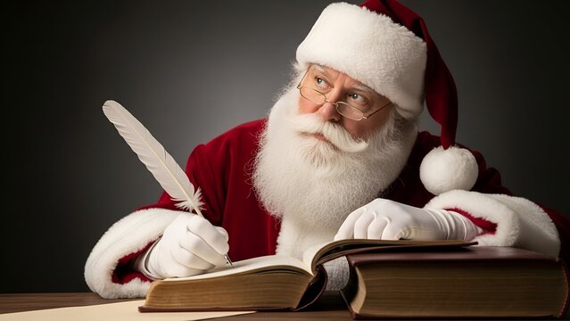 Santa Claus, wearing a red suit and hat, sits at a desk writing in a book with a quill pen, looking thoughtfully to the side.
