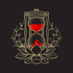 Hourglass with lotus flower and sacred geometry ornament in vintage line art style