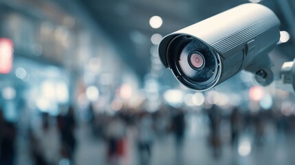 Modern surveillance camera monitors busy public space, ensuring safety and security with advanced technology for public areas.