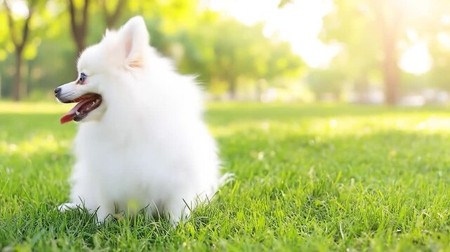 Happy pomeranian dog portrait in green field with sunlight cute animal pet smiling
