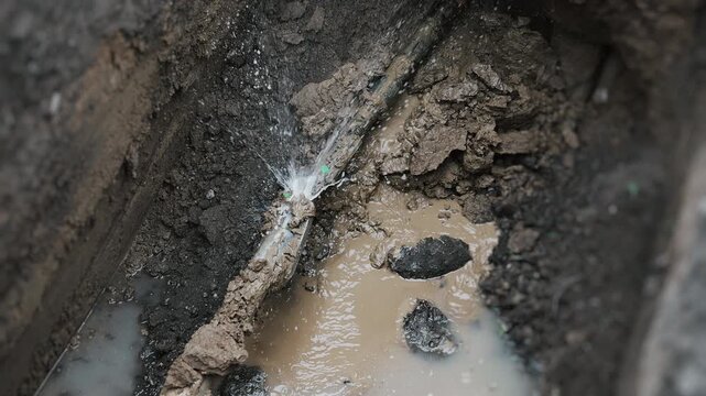Plastic pipe in a trench during underground utility installation.