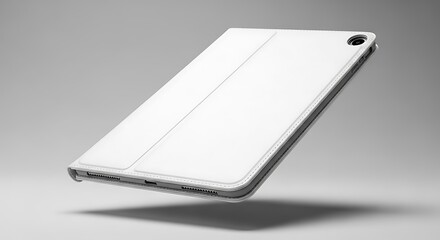 A white tablet case or cover with a folded magnetic flap floats at an angle, showcasing its sleek, leather-like texture and precise cutouts against a smooth gray background.