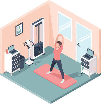 Isometric room woman stretches on mat near weight machine desk w laptop window trash can wall art and doorway