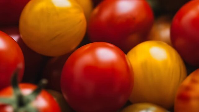 Close up of fresh red and yellow cherry tomatoes in a pile.