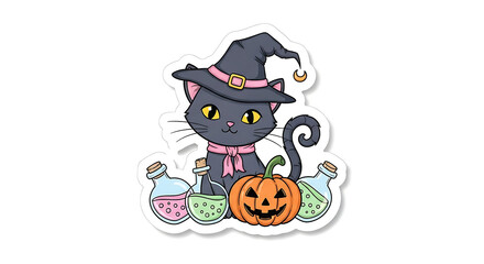 Cute black cat in a witch hat surrounded by a jack-o-lantern and magical potions for Halloween