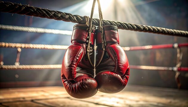 Red boxing gloves hanging on the ropes of a boxing ring illuminated by bright lights above the ring