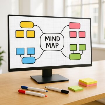 Mind map displayed on a computer screen for brainstorming and organizing ideas. Visual tool for planning and problem-solving.