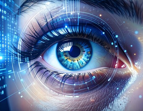 A close-up of a human eye with digital graphics - Powered by Adobe