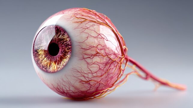 A detailed 3D model of a human eye showing the iris and anatomy