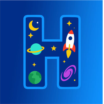 Letter H Space Theme with Rocket, Planets, Star and Moon &ndash; Flat Vector Illustration