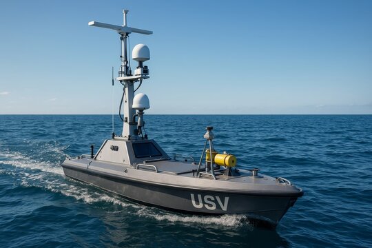 An unmanned surface vessel navigates the open sea under a clear sky. This USV is equipped with advanced sensors for autonomous operations.