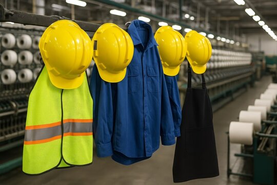 Protective gear hangs ready for workers in a busy textile factory. Safety first ensures a productive and secure work environment.