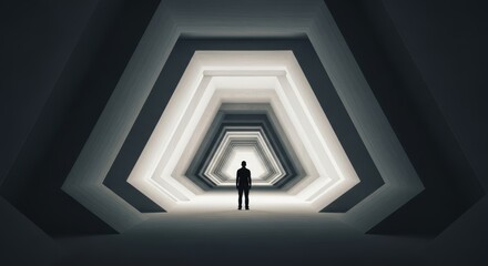 Silhouette of a person standing at the end of a long illuminated triangular shaped tunnel design