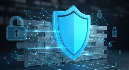 Blue shield in front of a brick wall with connected dots and floating padlocks on a dark background