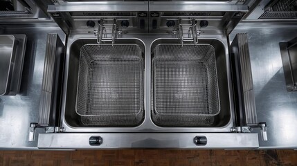Top-down view of an empty deep fryer in a professional restaurant kitchen.