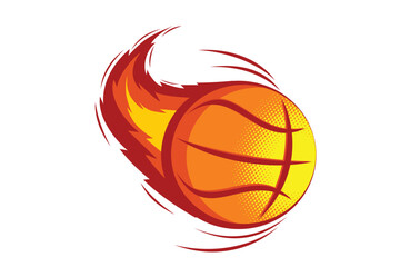 Vector illustration of a flaming basketball with halftone gradient, symbolizing speed, motion, power, and energy in sport.