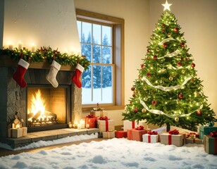 Cozy Christmas Living Room with Fireplace and Decorated Tree