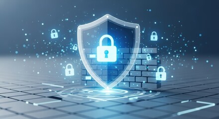 A digital shield with a padlock protecting a brick wall surrounded by floating lock icons on a grid