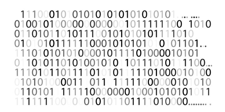 Binary code black and white background with two binary digits, 0 and 1 isolated on a white background. Halftone vector illustration.