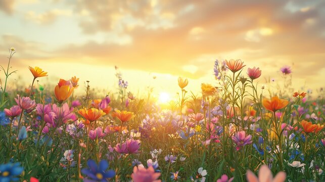 Enchanting wildflower meadow bathed in the warm, golden glow of a radiant sunset