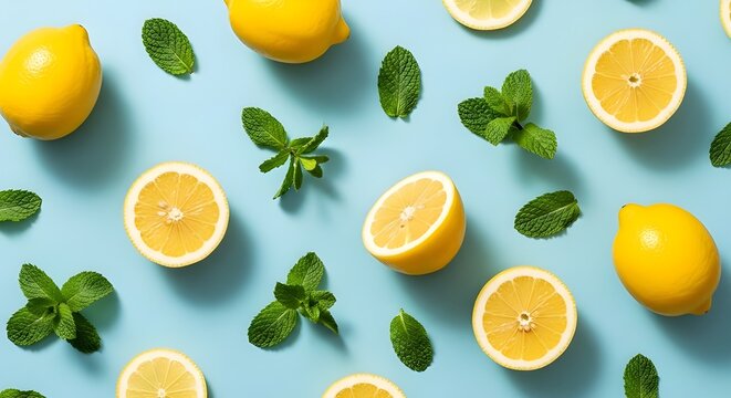 Flat Lay: Fresh Lemons & Mint on Blue Background - Refreshing Citrus, Healthy Drinks, Culinary Ingredients - Powered by Adobe