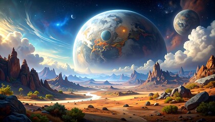 Surreal alien landscape with planets, mountains, and otherworldly atmosphere