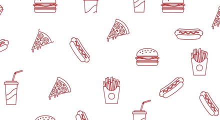 Seamless Fast Food Doodle Red Line Art Pattern - Junk Food Background, Restaurant Design, Outline Icons