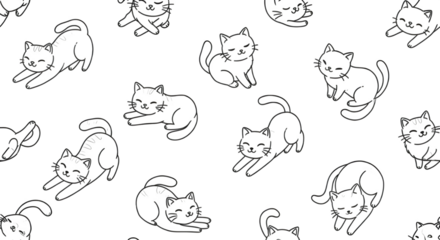 Seamless Cute Cat Doodles Line Art Pattern on White - Feline Illustration, Pet Background, Minimalist Design