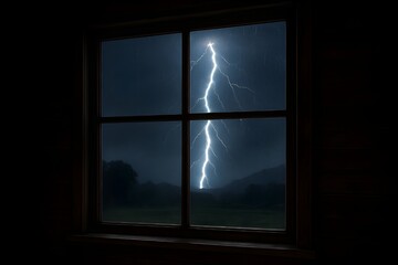 Fototapeta premium Powerful Lightning Bolt Illuminates Rainy Countryside