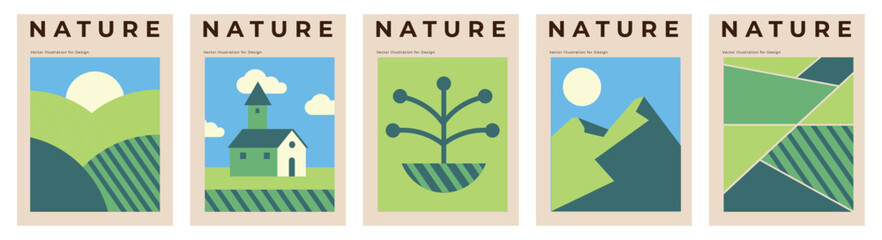 Vector geometric landscape with mountains, village houses, tower, eco farm, agricultural fields, leaf pattern, top view, line art, suitable for poster, background or cover.