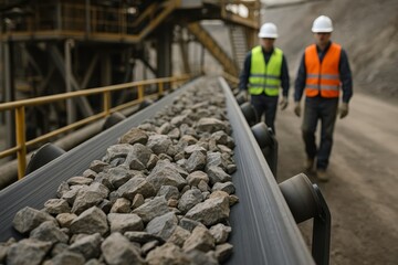 Construction workers supervise an industrial conveyor belt processing rocks. This heavy machinery efficiently transports raw materials for quarry operations.
