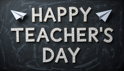 Happy teachers day written in chalk on a textured blackboard, with paper airplanes flanking the message, celebrating educators