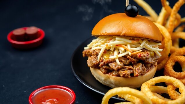 Delicious pulled pork slider sandwich with coleslaw and curly fries - Powered by Adobe