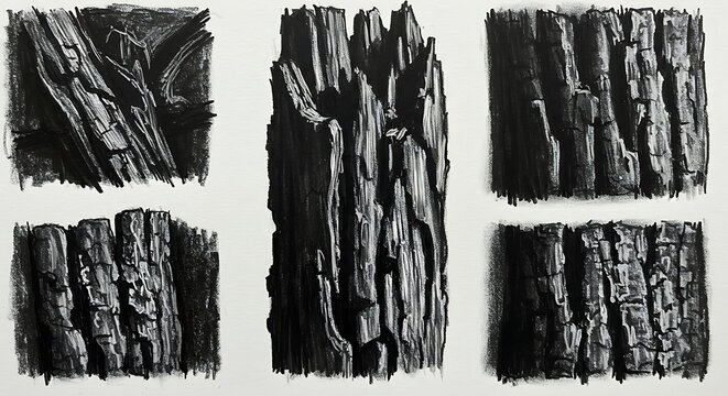 Charcoal Sketches of Tree Bark Textures: Detailed Botanical Study