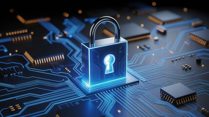 Digital padlock secures glowing circuit board, symbolizing advanced cybersecurity and data protection for tech innovation