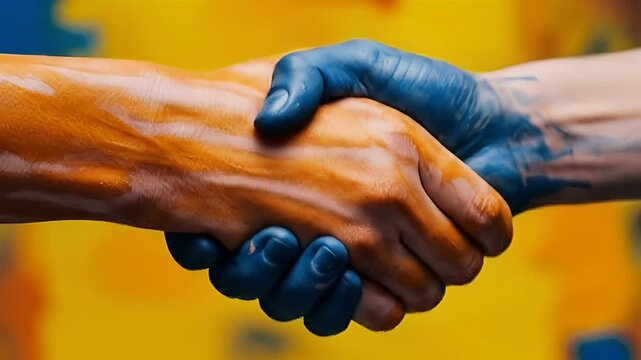 Close up of two hands shaking covered in orange and blue paint.