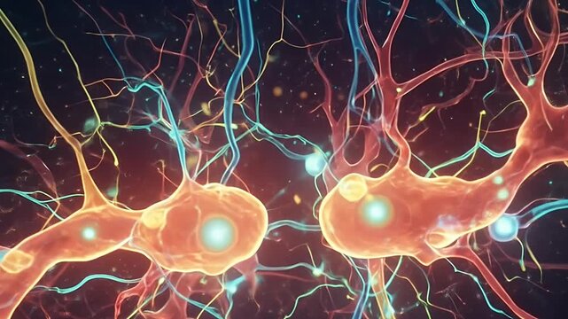 Close up of two neurons communicating with electrical impulses. - Powered by Adobe