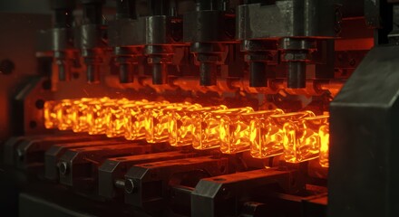 Automated industrial process showing molten glass being shaped by machinery, highlighting the production line and the heat generated from the process, displaying vibrant, fiery, and bright colors.