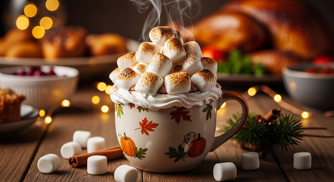 Warm mug of hot chocolate topped with toasted marshmallows and whipped cream, surrounded by Thanksgiving feast elements. - Powered by Adobe