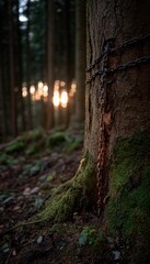 Fototapeta premium Chains wrapped around a tree trunk in a sunlit forest, highlighting the natural environment's subtle beauty.