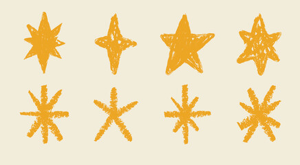 Pencil color crayon stars element set. Hand drawn scribble stars with crayon texture. Set of doodle star and sparkle collection
